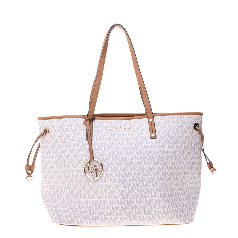 Bolsa-Michael-Kors-Tote-Monogram-Branco-e-Caramelo-com-Clutch