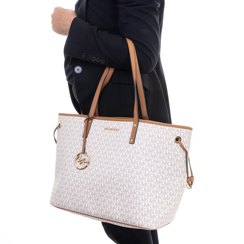Bolsa-Michael-Kors-Tote-Monogram-Branco-e-Caramelo-com-Clutch