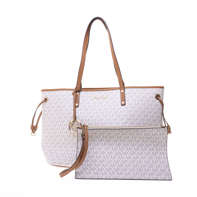 Bolsa-Michael-Kors-Tote-Monogram-Branco-e-Caramelo-com-Clutch