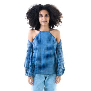 Camisa Paula Raia Linho Azul Marinho e Laise