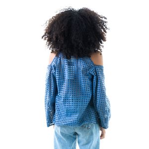 Camisa Paula Raia Linho Azul Marinho e Laise