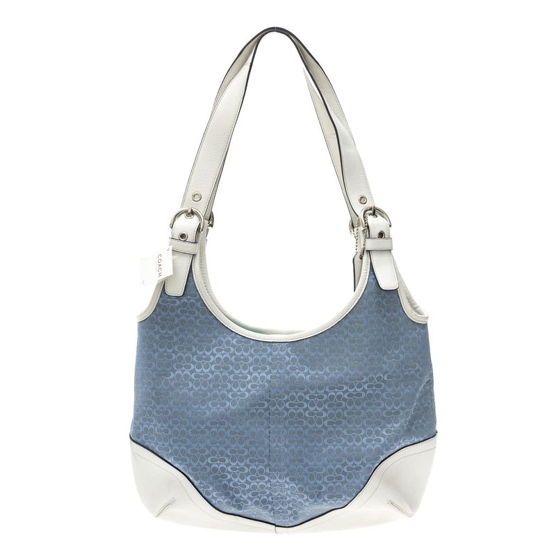 Bolsa-Coach-de-Ombro-Couro-Branco-e-Jacquard-Azul