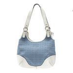 Bolsa-Coach-de-Ombro-Couro-Branco-e-Jacquard-Azul