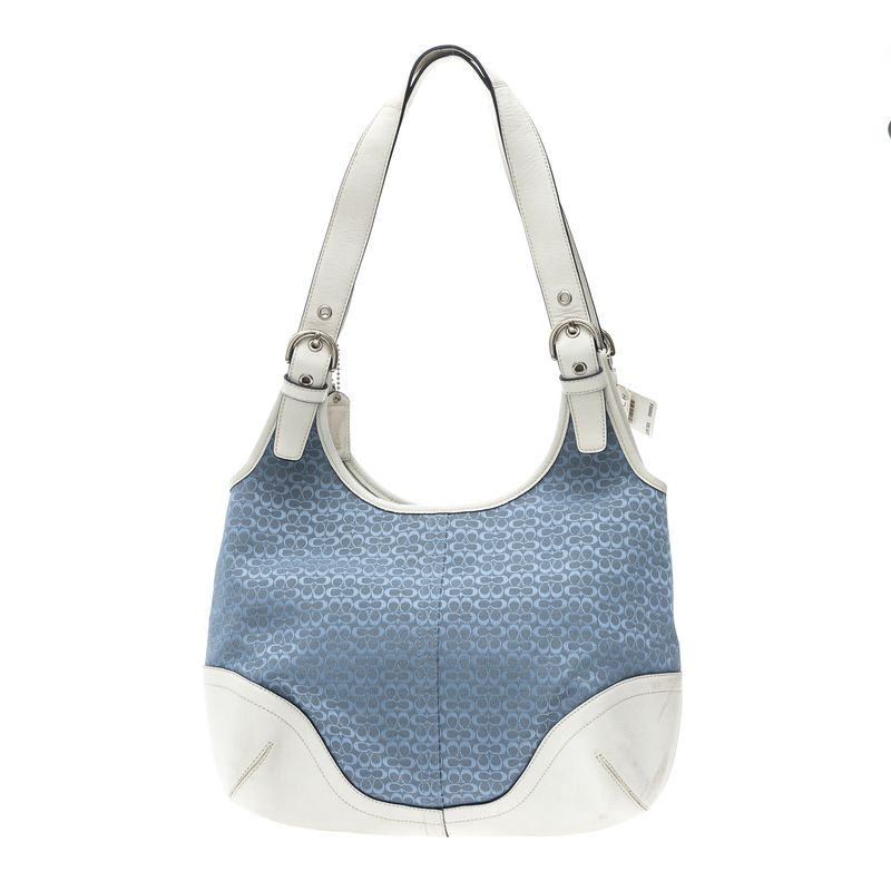 Bolsa-Coach-de-Ombro-Couro-Branco-e-Jacquard-Azul