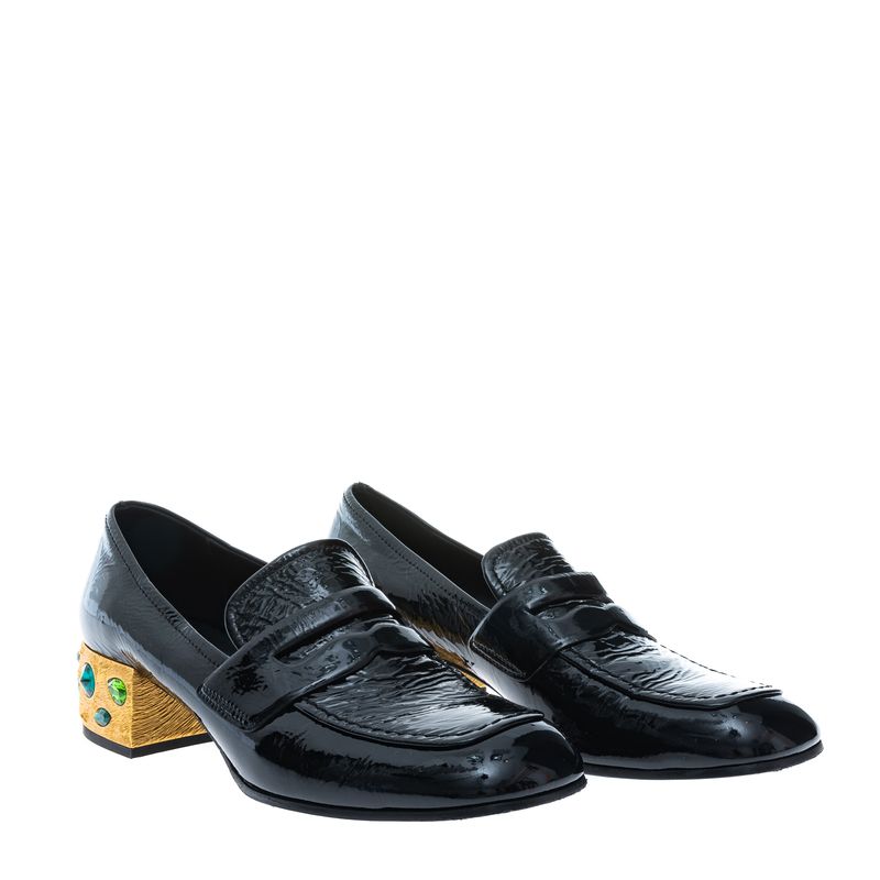 Sapato-Mocassim-Prada-Verniz-Preto-e-Salto-Dourado