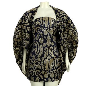 Vestido Von Trapp Jacquard Azul Marinho e Dourado