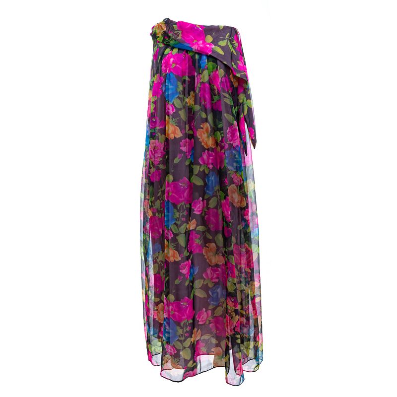 Vestido-Vintage-Longo-Musseline-Floral-Preto-e-Rosa