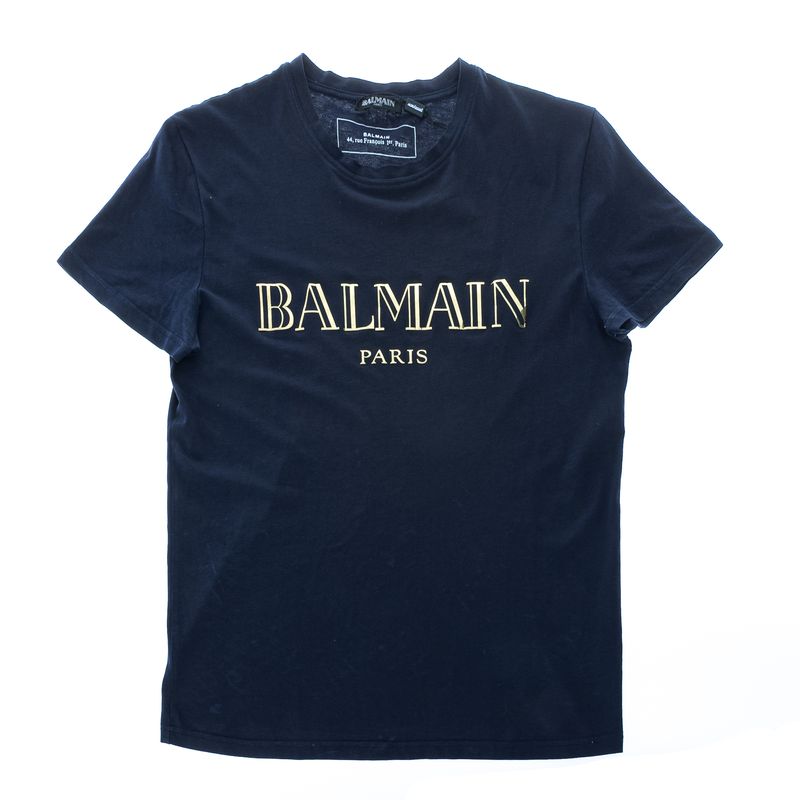 Camiseta-Balmain-Preta-Aplicacao-Dourada