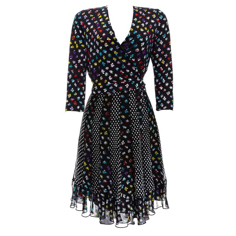 Vestido-Diane-Von-Furstenberg-Preto-Estampa-Flores-e-Bolinhas