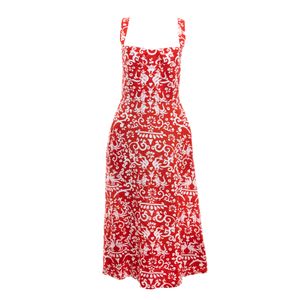 Vestido Saloni Midi Vermelho e Estampa Branca