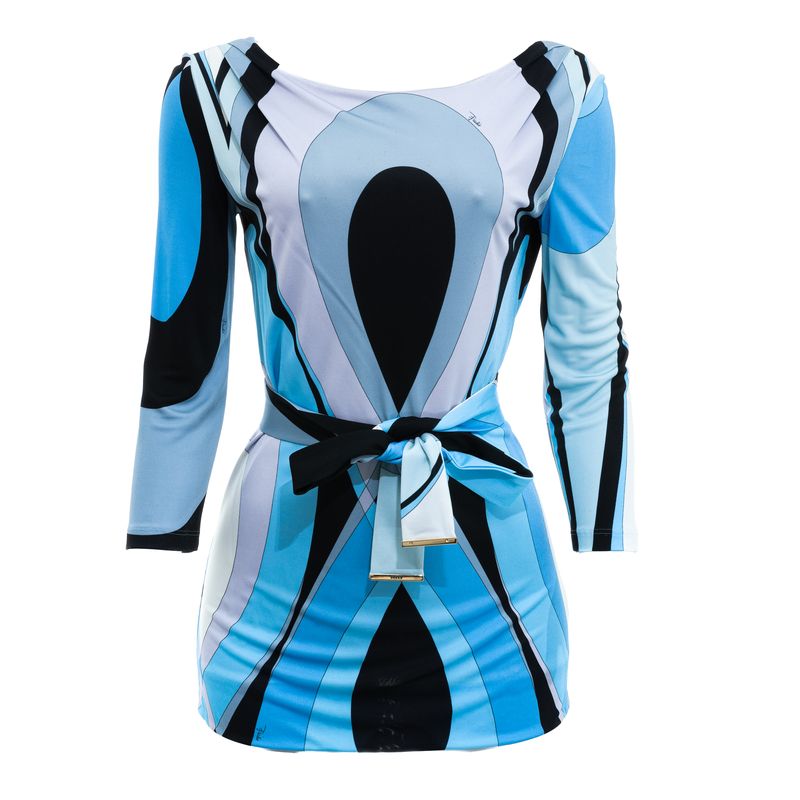 Vestido-Emilio-Pucci-Curto-Estampa-Azul-Manga-Longa