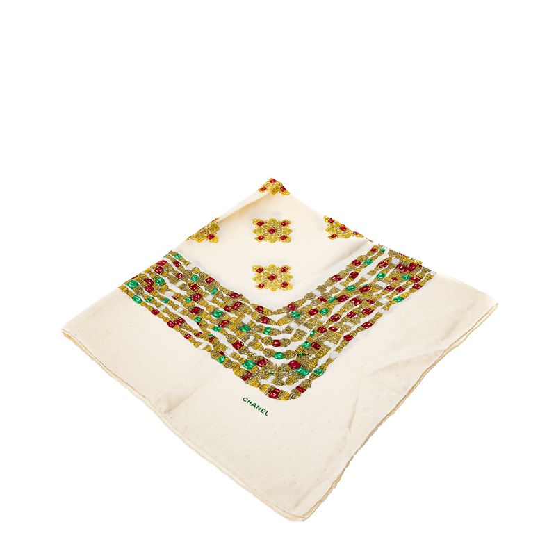Lenco-Chanel-Vintage-Seda-Creme-Joias-Douradas