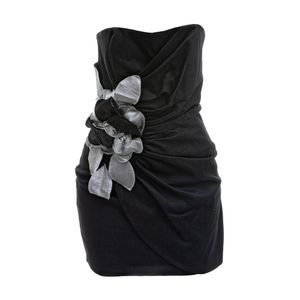 Vestido Jessica McClintock Curto Drapeado Flores Preto e Cinza