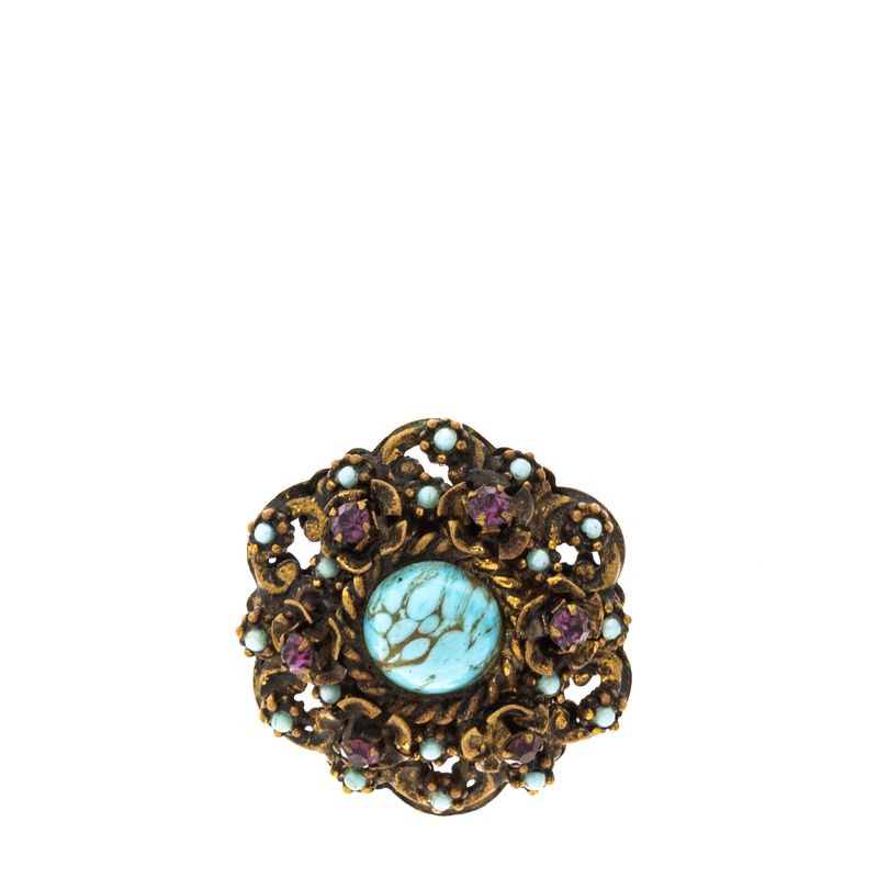 Broche-Vintage-Envelhecido-Acetato-Azul-e-Cristais-Roxos