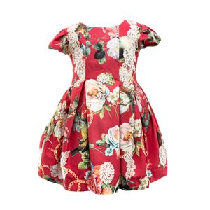 Vestido Infantil Rodado Vermelho Renda e Flores
