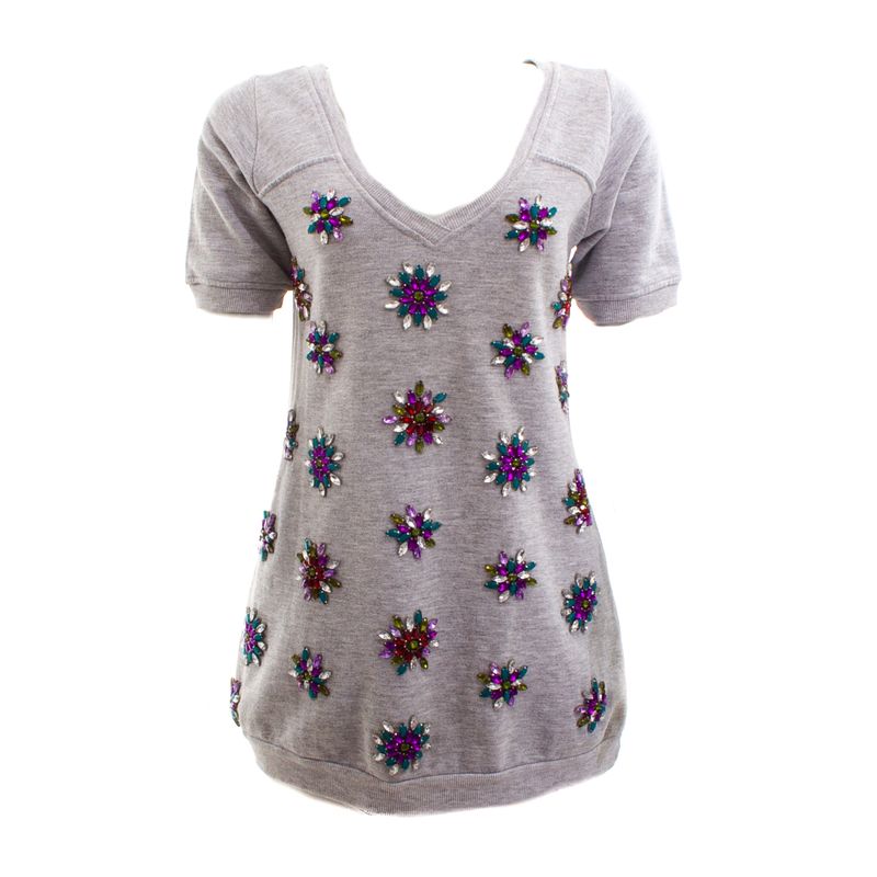 Maxi-T-Shirt-PatBo-Cinza-Flores-Cristais