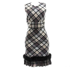 Vestido Prada Lã Xadrez Cinza com Pelos