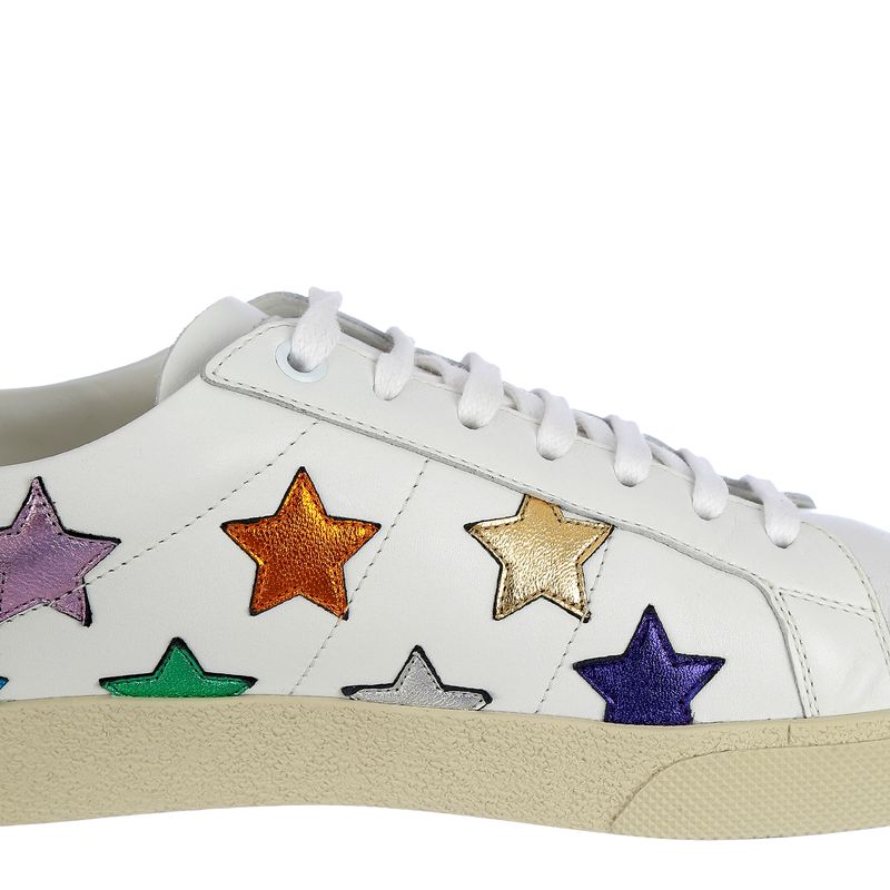 Tenis-Saint-Laurent-Couro-Branco-e-Estrelas-Metalizadas