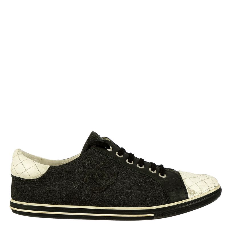 Tenis-Chanel-Tecido-Grafite-e-Couro-Branco