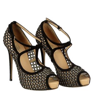 Peep Toe Valentino Tecido Preto e Pedrarias