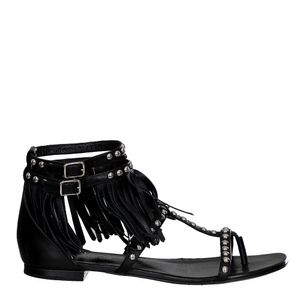 Rasteira Saint Laurent Franjas Couro Preto