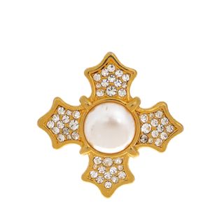 Broche Cruz Dourado Cristais e Esfera Perolada