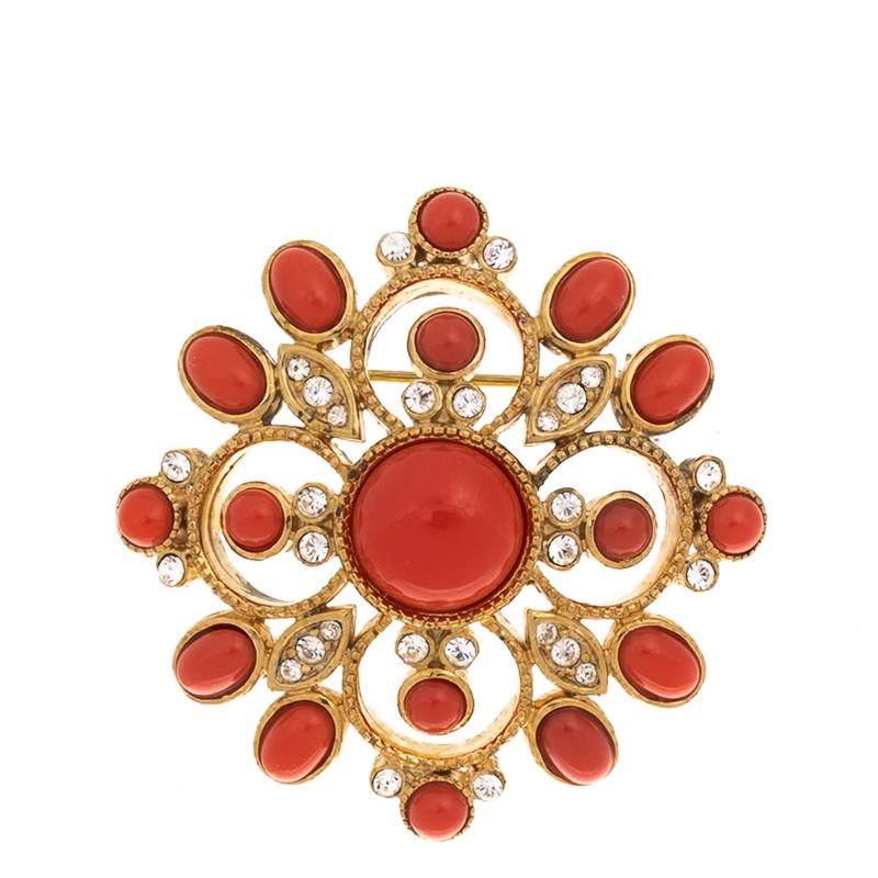 Broche-Dourado-Pedras-Coral-e-Cristais