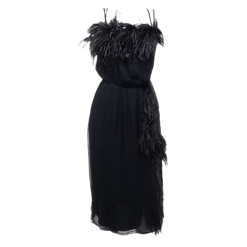 Vestido-Prada-Plumas-Seda-Preto