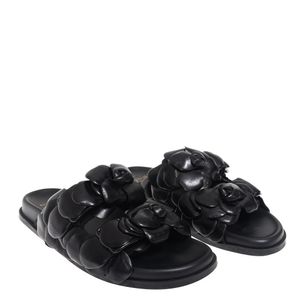 Rasteira Valentino Garavani Rosas Couro Preto