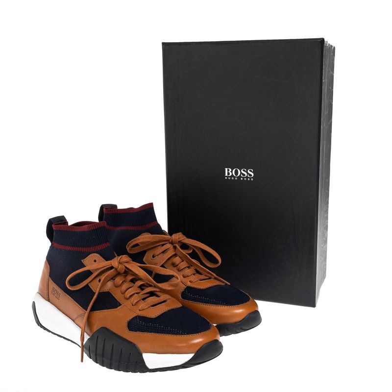 Tenis-Hugo-Boss-Trico-e-Couro-Marrom-e-Azul
