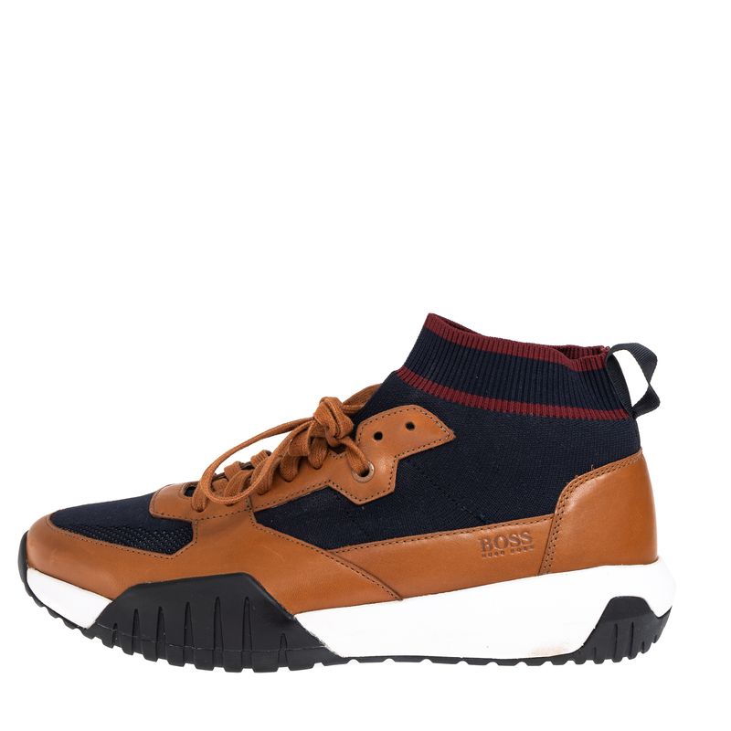Tenis-Hugo-Boss-Trico-e-Couro-Marrom-e-Azul