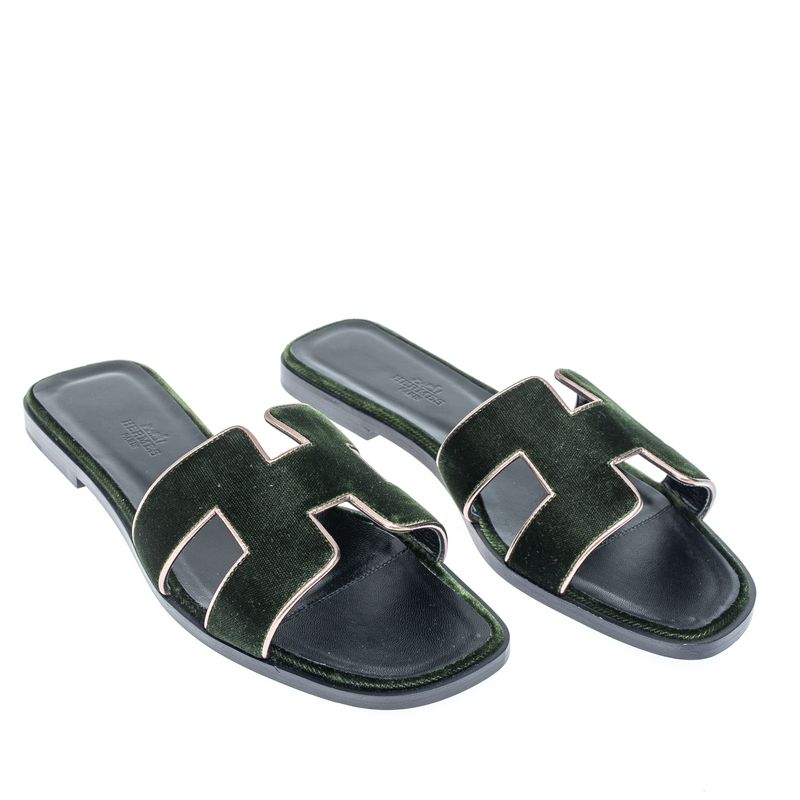 Sandalia-Hermes-Oran-Veludo-Verde
