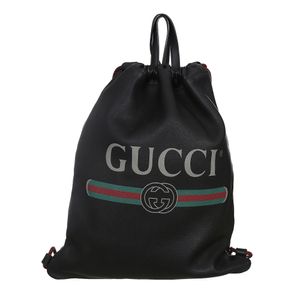 Mochila Gucci Drawstring Logo Couro Preto