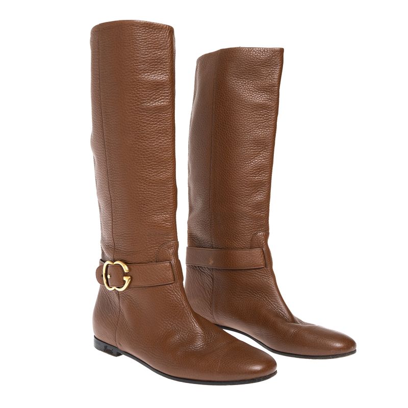 Bota-Gucci-Cano-Longo-Couro-Marrom