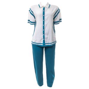 Conjunto Cris Barros Calça e Camisa Linho Branco e Azul