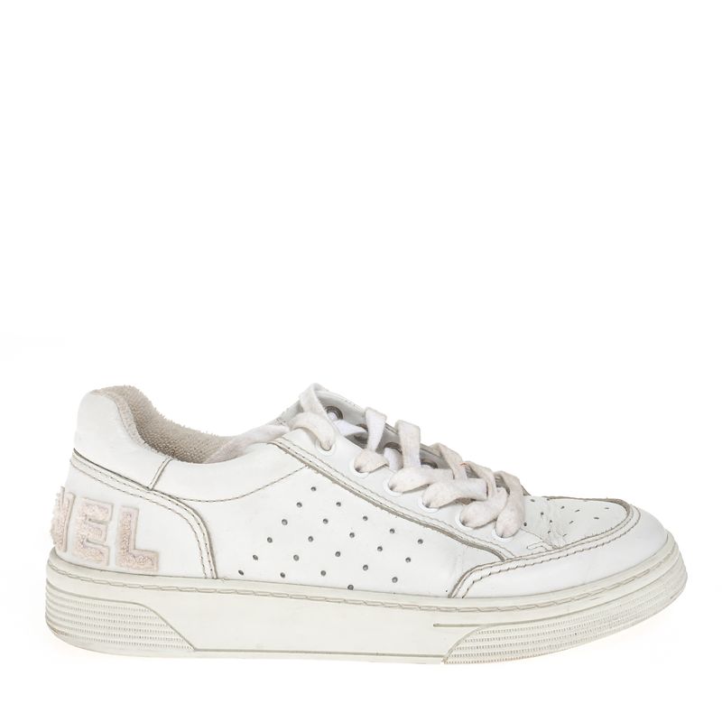 Tenis-Chanel-Logo-Couro-e-Tecido-Branco