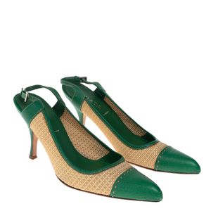 Scarpin Prada Slingback Ráfia e Couro Verde