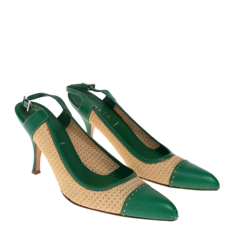 Scarpin-Prada-Slingback-Rafia-e-Couro-Verde