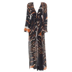 Kaftan Roberto Cavalli Seda Longo Preto Marrom e Branco