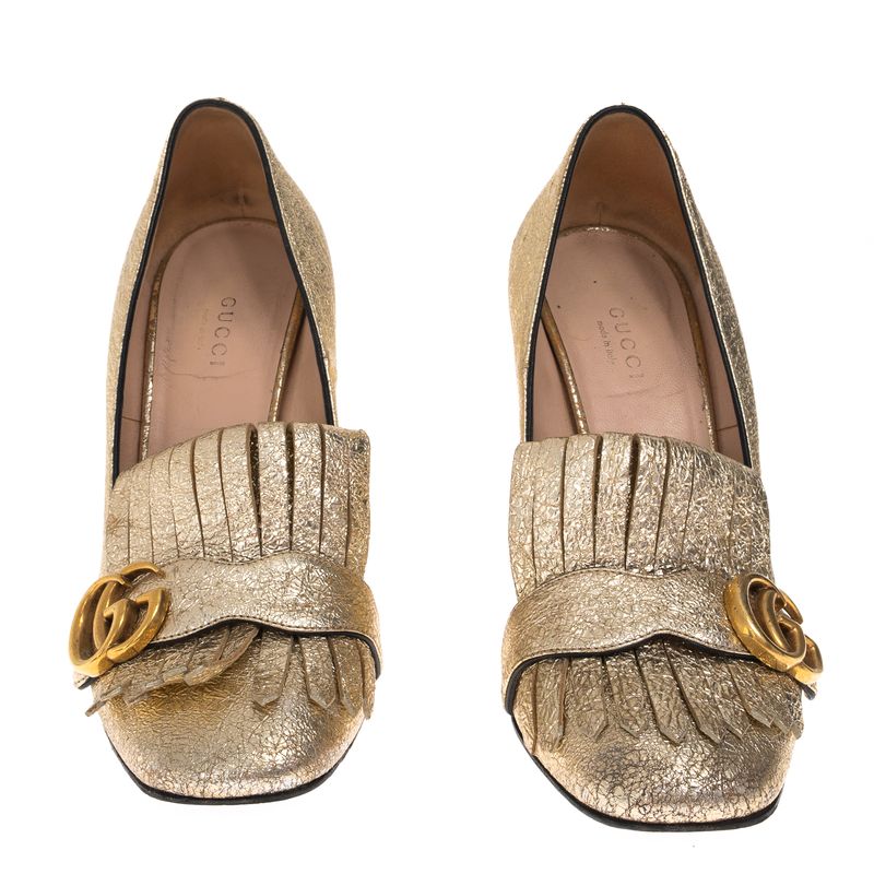 Sapato-Gucci-Mocassim-Salto-Franjas-Dourado
