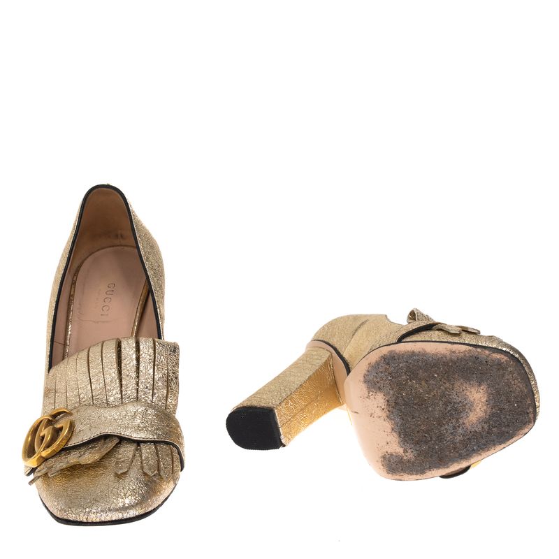 Sapato-Gucci-Mocassim-Salto-Franjas-Dourado