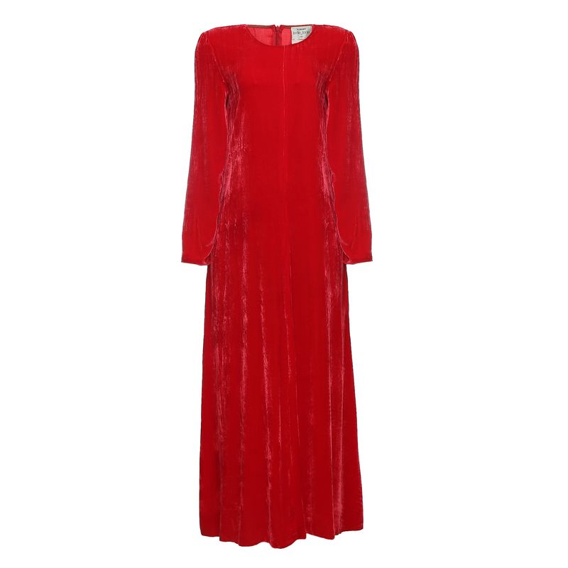 Vestido-Longo-com-Mangas-Veludo-Vermelho
