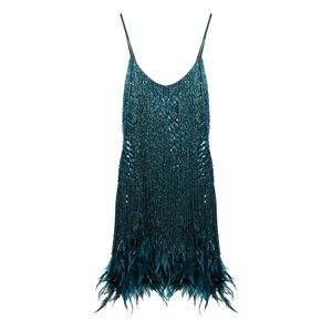 Vestido Bordado e Plumas Azul Petróleo