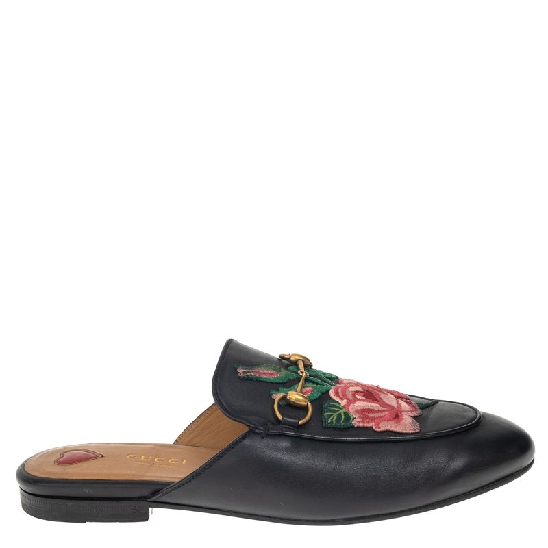Sapato-Gucci-Mule-Princetown-Bordado-Flor-Preto