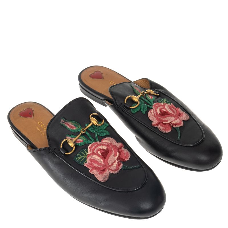 Sapato-Gucci-Mule-Princetown-Bordado-Flor-Preto