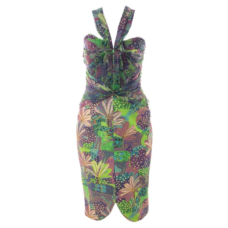 Vestido-Andre-Lima-com-Plissado-Estampado-Verde-e-Roxo