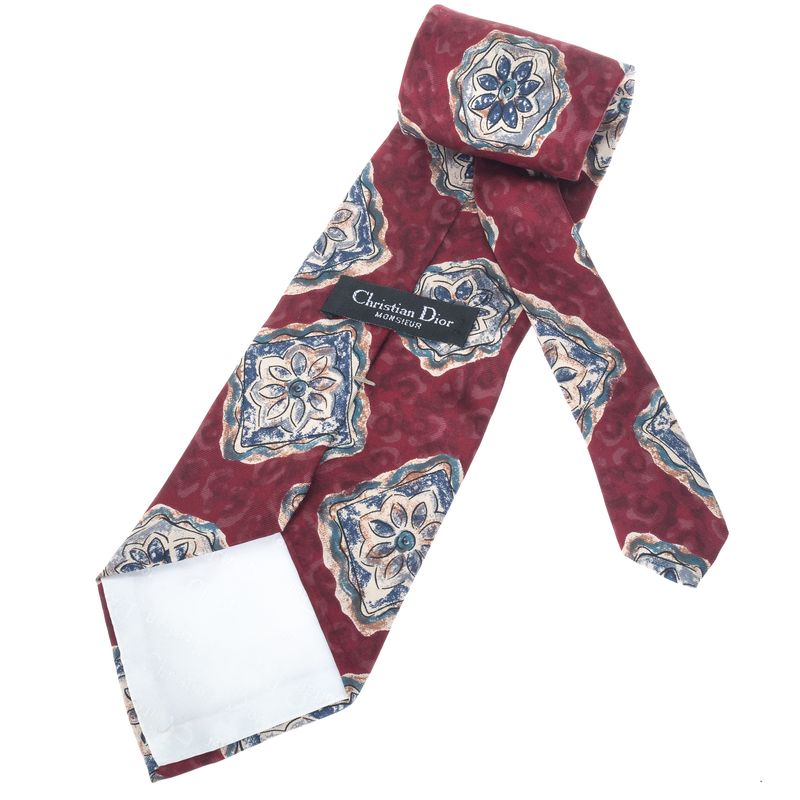 Gravata-Christian-Dior-Estampa-Flores-Azul-e-Bordo-Vintage