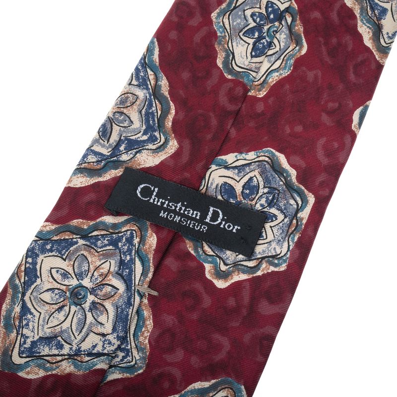 Gravata-Christian-Dior-Estampa-Flores-Azul-e-Bordo-Vintage