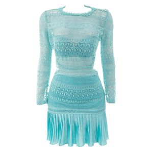 Vestido Iorane com Renda e Plissado Azul Ciano