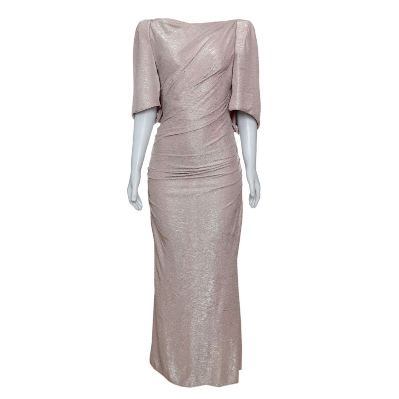 Vestido-Talbot-Runhof-Longo-Drapeado-Prateado
